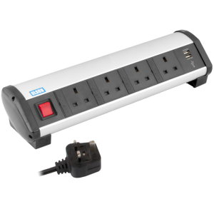 4 Way 13A Main Switched & Individually Fused + 2 USB Charger Office Desk PDU