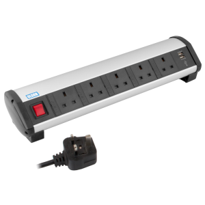 5 Way 13A Main Switched & Individually Fused + 2 USB Charger Office Desk PDU