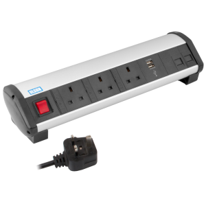 3 Way 13A Main Switched & Individually Fused + 2 USB Charger + 2 RJ45 Ethernet Office Desk PDU - Image 1